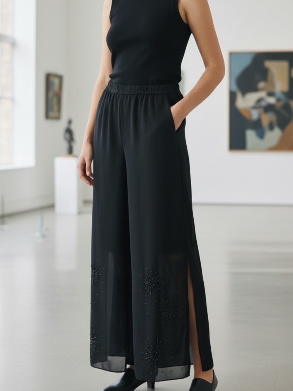 Adrianna Papell Evening
Essentials Black Chiffon Wide-Leg Palazzo Pants 6 P nwt